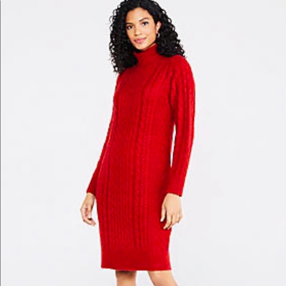 Beautiful Ann Taylor Mock Neck Cable knit Red Sweater Dress